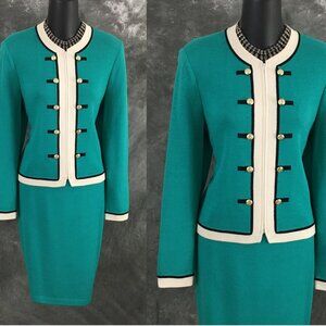 BEAUTIFUL St John collection knit green black multi jacket skirt suit size 4